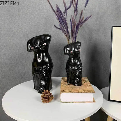 Black ceramic female body figurine bust vases with square chest embellishments for living room decorbites human body decor