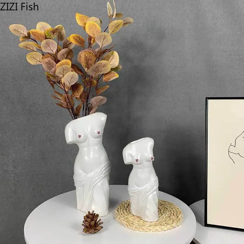 White ceramic human body figurine vases with red gemstone chest embellishments for living room decorbites decor