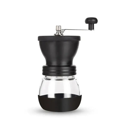 Black ceramic hand rocking coffee grinder with glass collection bowl and metallic handle for manual kitchen use