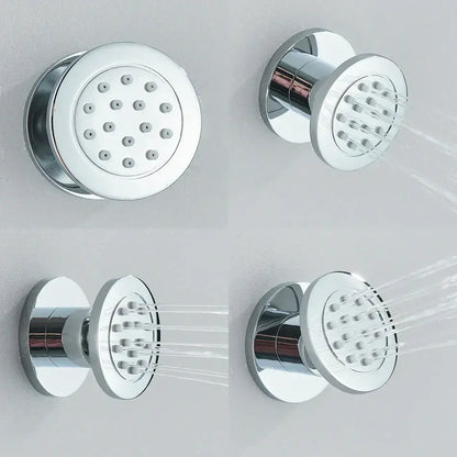 Chrome-finished wall-mounted showerheads with circular heads and multiple spray nozzles featuring a decorbites brass body round design