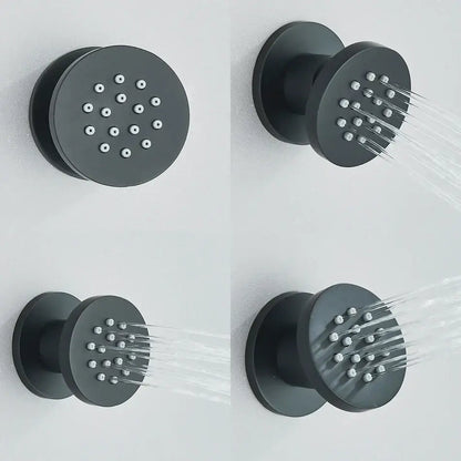 Modern matte black body round shower with decorbites brass body and multiple spa jets for bathroom use