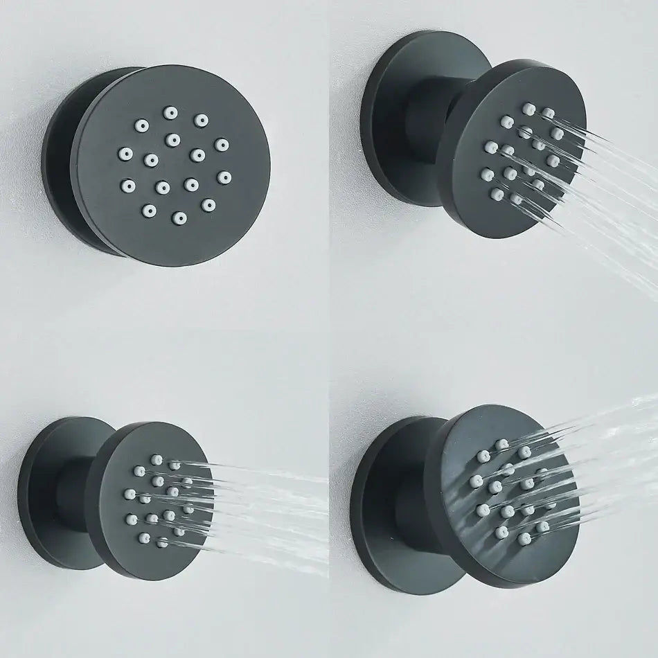 Modern matte black body round shower with decorbites brass body and multiple spa jets for bathroom use