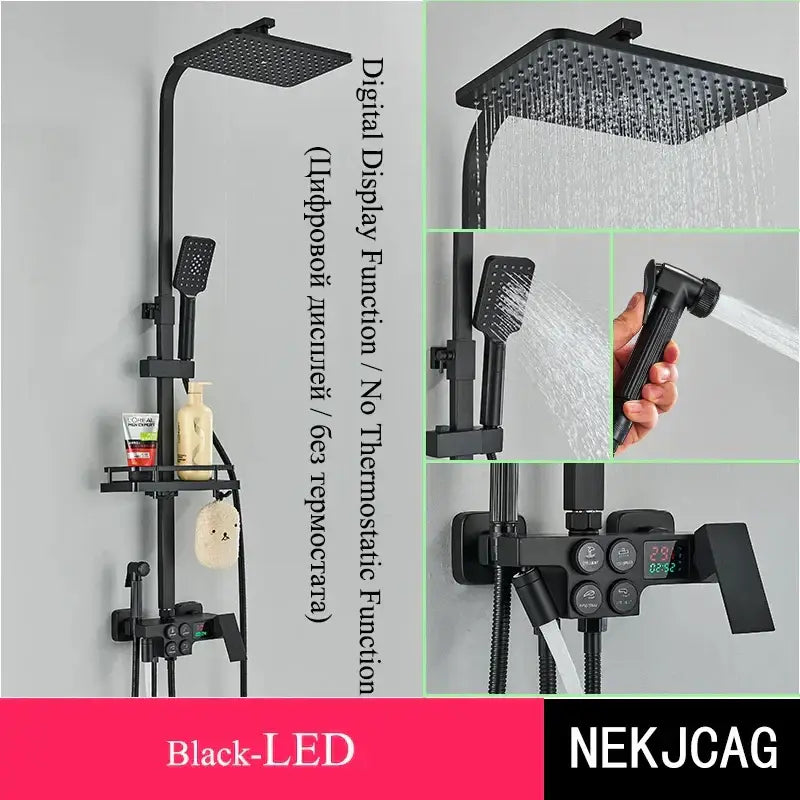 Black and chrome shower set with led square rainhead handheld spray and decorbites digital display thermostatic control panel