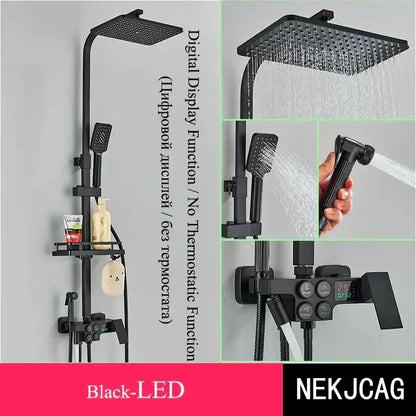 Black and chrome shower set with led square rainhead handheld spray and decorbites digital display thermostatic control panel