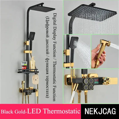 Black and gold digital display thermostatic shower set by decorbites with chrome accents for modern bathroom use