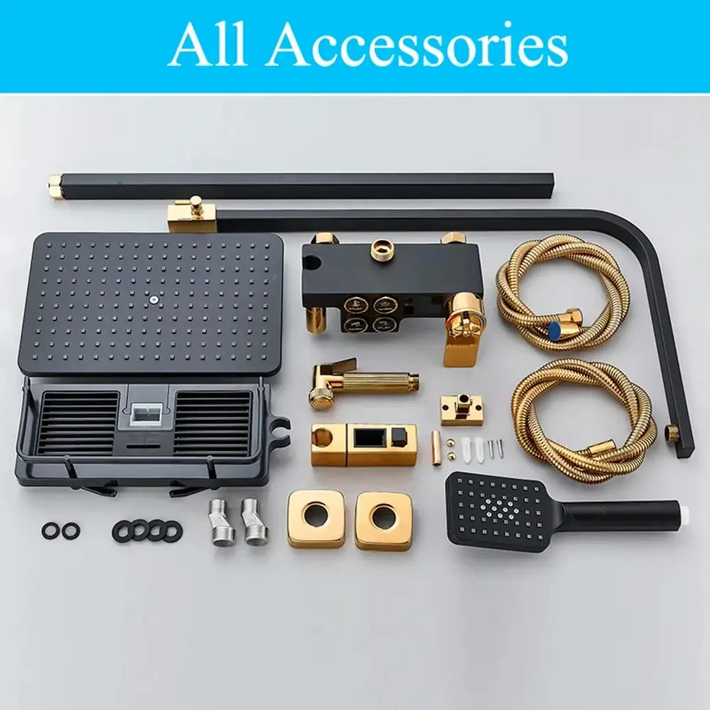 Black and gold bathroom shower set with decorbites digital display thermostatic control textured showerhead and flexible hose