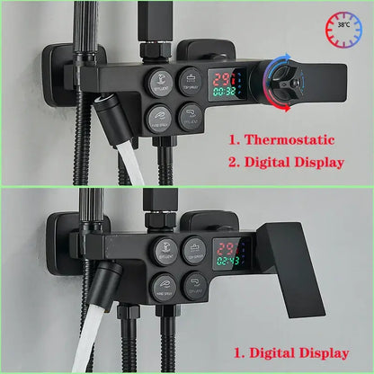 Black matte finish thermostatic shower valve with decorbites digital display and multiple spray settings shower set