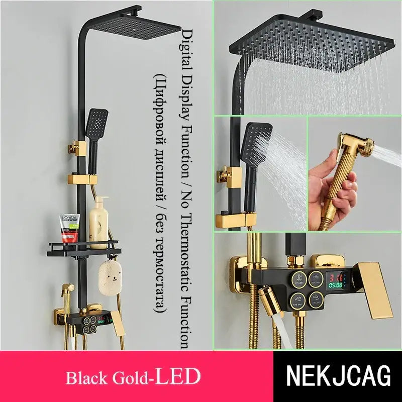 Black and gold shower set with square rainhead handheld spray and decorbites digital display thermostatic control panel
