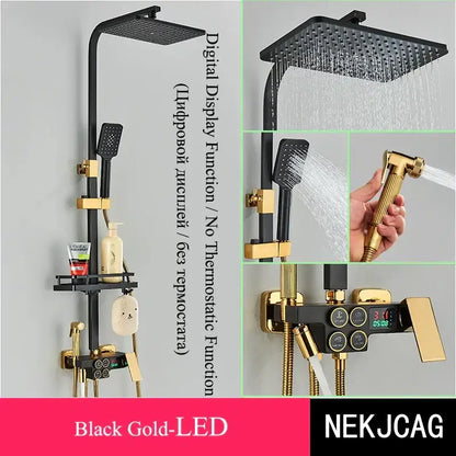 Black and gold shower set with square rainhead handheld spray and decorbites digital display thermostatic control panel