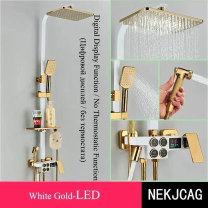 Gold-finished shower set with square rainhead handheld sprayer and decorbites digital display thermostatic panel