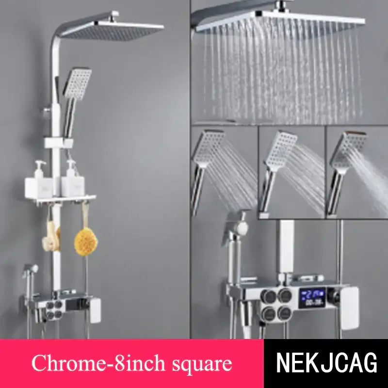 Chrome finished 8 inch square rainfall showerhead with integrated handheld and decorbites digital display thermostatic panel
