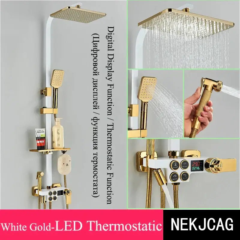Gold-finished modern shower set with square rainhead and white led decorbites digital display thermostatic controls