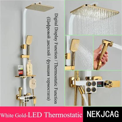 Gold-finished modern shower set with square rainhead and white led decorbites digital display thermostatic controls