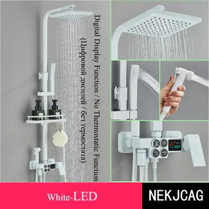 White led decorbites digital display thermostatic shower set with square rainhead handheld nozzle and temperature control panel