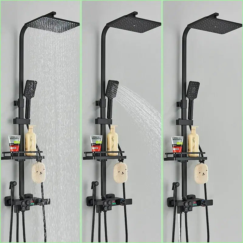Black and chrome digital display thermostatic shower set with black matte square rainhead handheld spray and integrated shelf