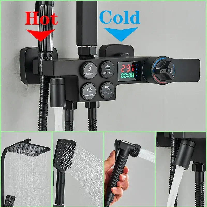 Black matte and chrome shower set with decorbites digital display thermostatic control and multiple spray heads