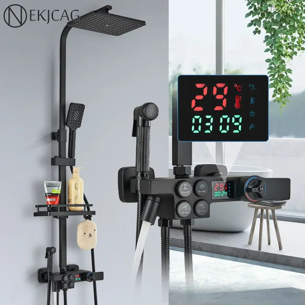 Black and chrome digital display thermostatic shower set by nekjag with square rainhead handheld sprayer and multiple knobs