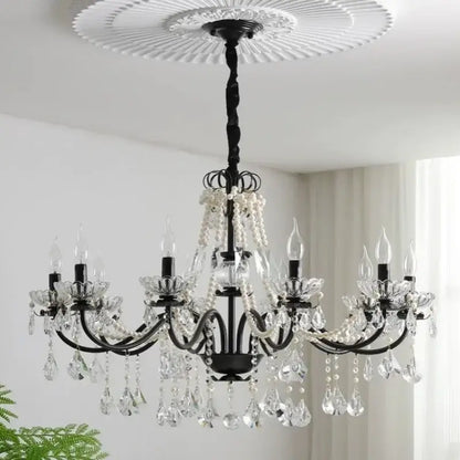 Black wrought iron decorbites black crystal chandelier with pearl accents and crystal droplets for foyer pendant light