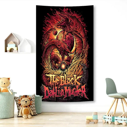 Black dahlia murder tapestry featuring a fiery red dragon coiled around a glowing orb for metal band wall decor