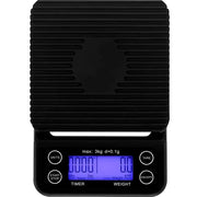 Black digital brewmaster coffee scale timer with ribbed platform and blue backlit display by decorbites brewmaster coffee scale