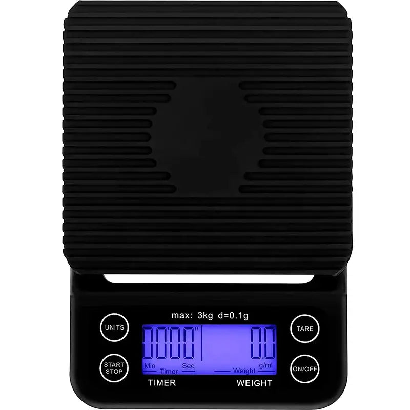Black digital brewmaster coffee scale timer with ribbed platform and blue backlit display by decorbites brewmaster coffee scale