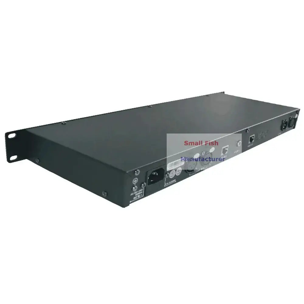 Black metal rack-mount audio power amplifier with multiple ports and bracket shown from the back for lighting shows controller 1u easy dmx512 controller