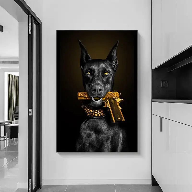 DecorBites™ black doberman dog canvas art featuring a black doberman holding a golden handgun with a gold chain collar