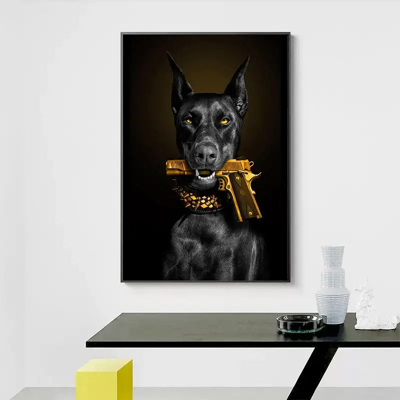 Decorbites black doberman dog canvas poster art featuring a black doberman holding a golden pistol with a studded collar