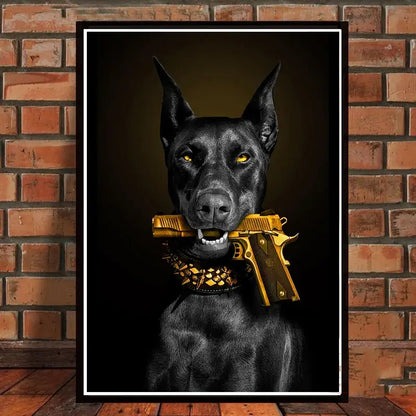 Decorbites™ black doberman dog canvas poster art featuring a black doberman with a golden pistol and studded collar