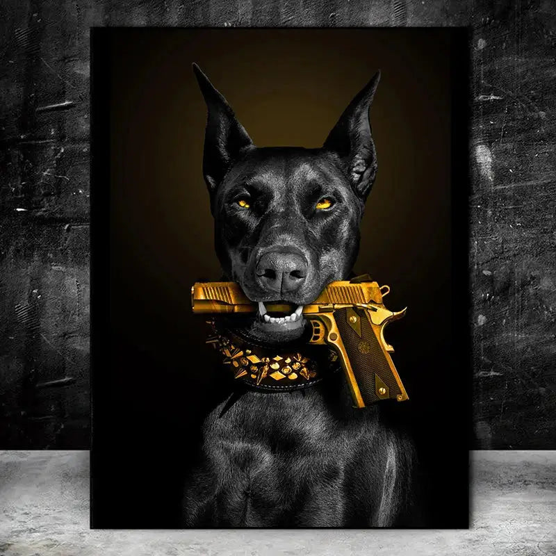 Black doberman dog canvas poster art by decorbites featuring a spiked collar and golden pistol in dog’s mouth