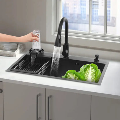Black double basin stainless steel kitchen sink 72x45x20cm with sleek modern faucet and integrated draining rack