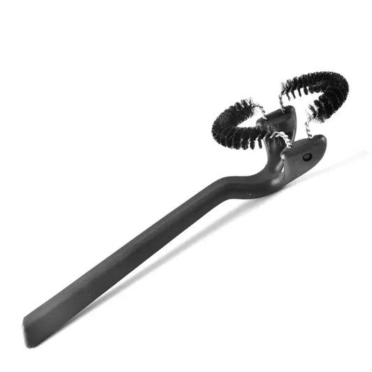 Black plastic handle cleaning brush with two coiled bristle heads for decorbites espresso machine cleaning