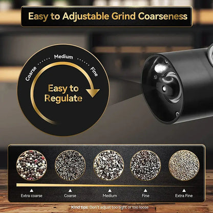 Black electric salt pepper grinder set with adjustable grind coarseness and usb rechargeable function for kitchen use