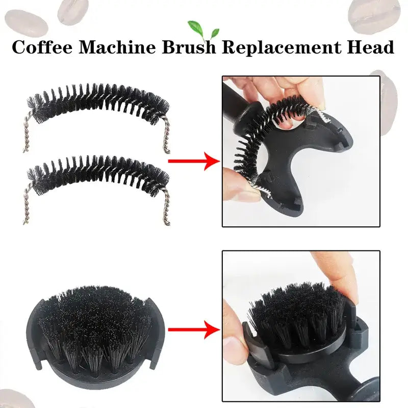 Black espresso machine brewing head cleaner set with flexible wire handles and dense black bristles for brewing head cleaning