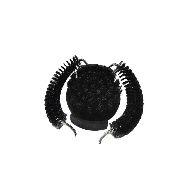 Black circular brush with curved bristle handles and textured base from black espresso machine brewing head cleaner set