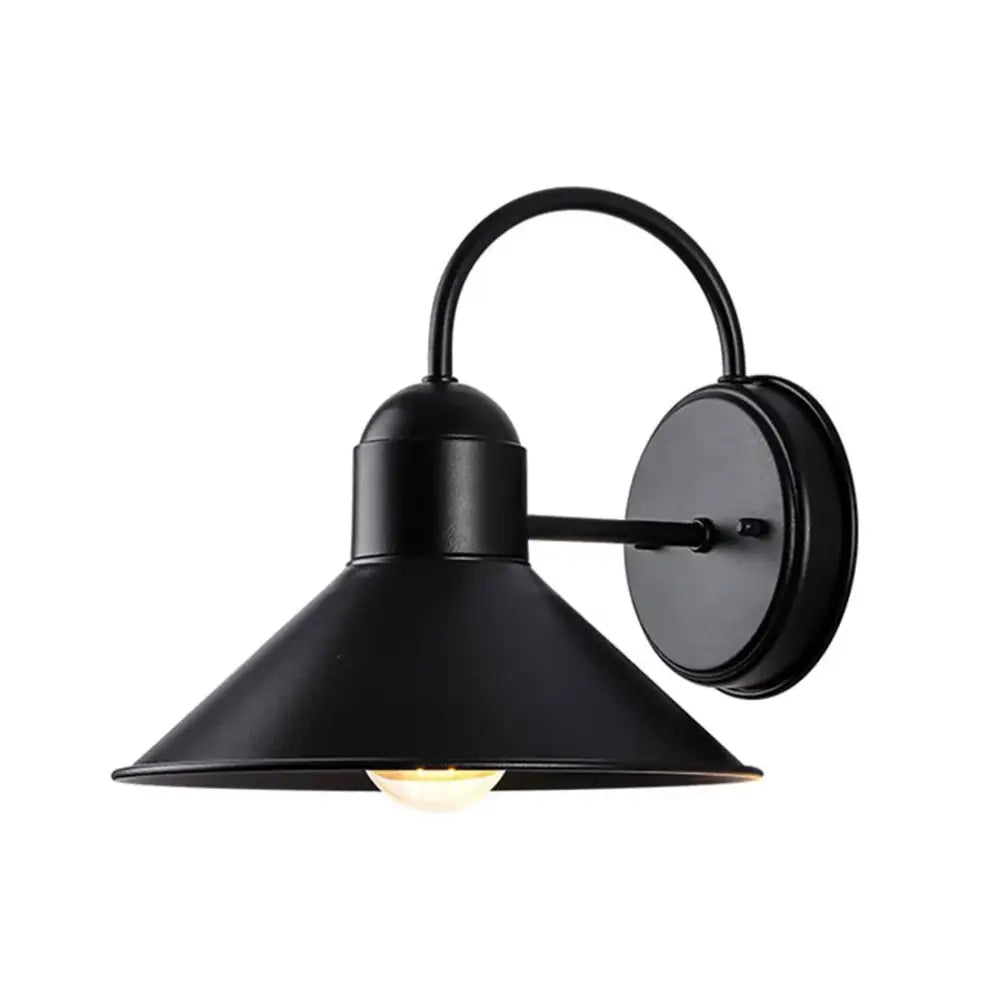 Black metal farmhouse barn lights outdoor sconce with conical shade and curved arm from decorbites black farmhouse