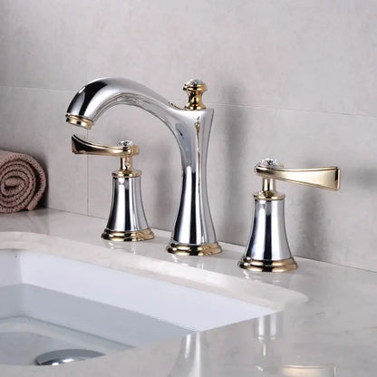 Black and gold crystal waterfall brass bathroom sink faucet with chrome and gold two-handle design and crystal accents