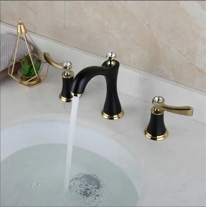 Black and gold crystal waterfall brass bathroom sink faucet with crystal accents for gold brass bathroom decor