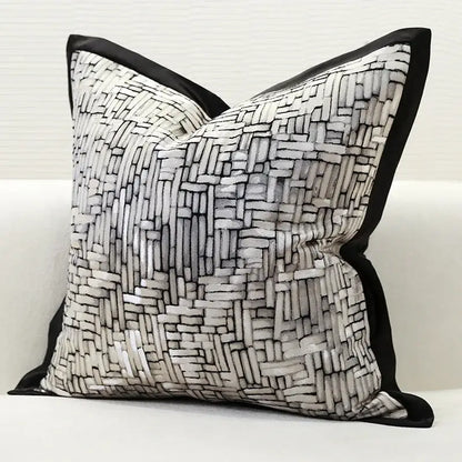 Square black and silver woven embroidery pillow cover with sleek satin border for living room decor pillow covers