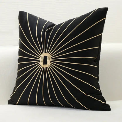 Black satin embroidery pillow cover with gold thread sunburst design for elegant living room decor pillow covers