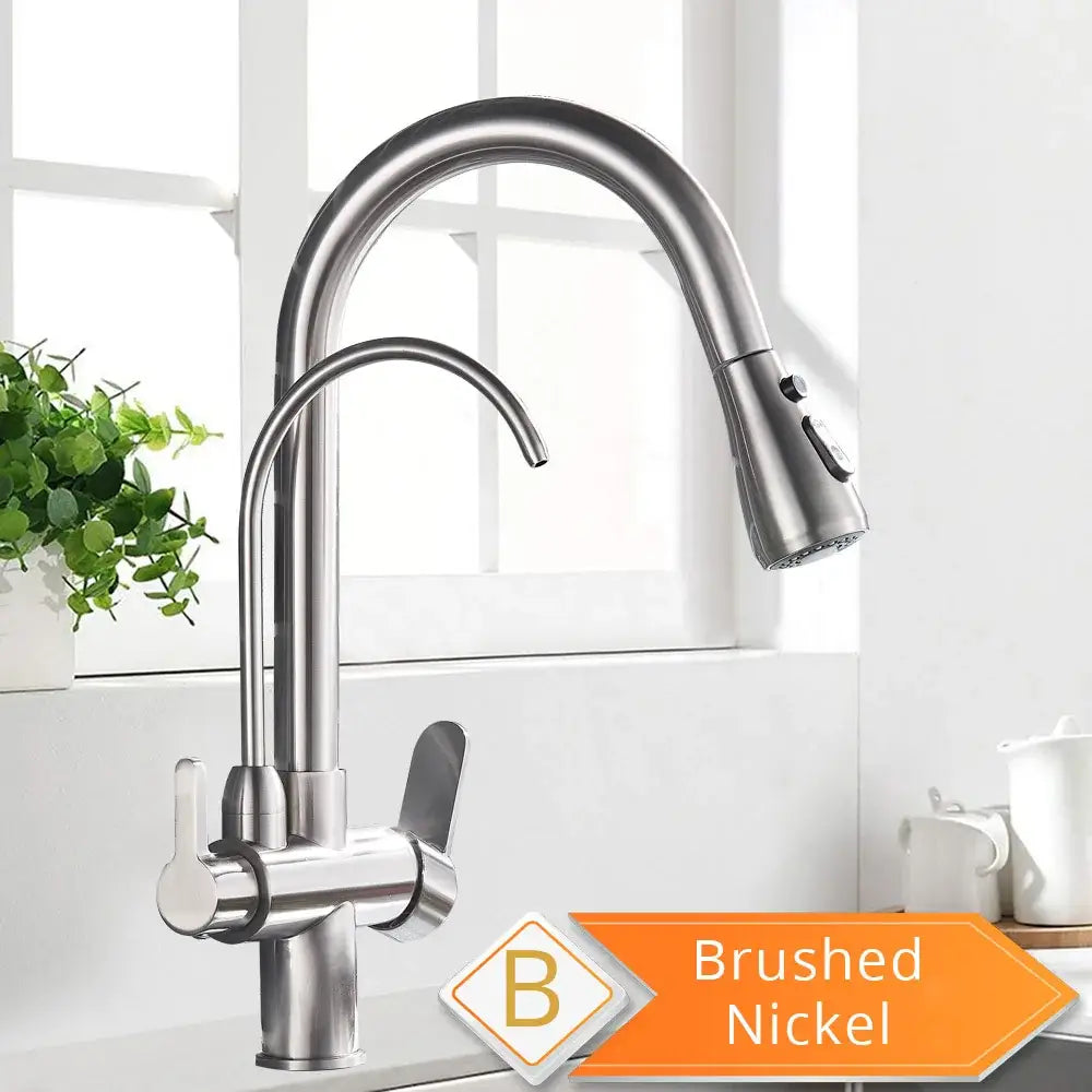 Brushed nickel kitchen faucet with sleek arched spout and pull-down spray head in black and golden filter kitchen faucet