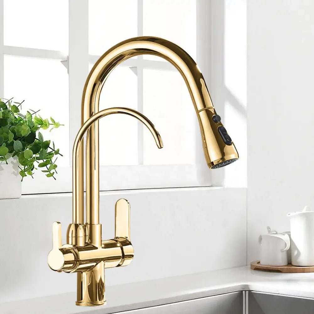 Gold-colored sleek modern black and golden pull out filter kitchen faucet with curved spout and water filter kitchen feature