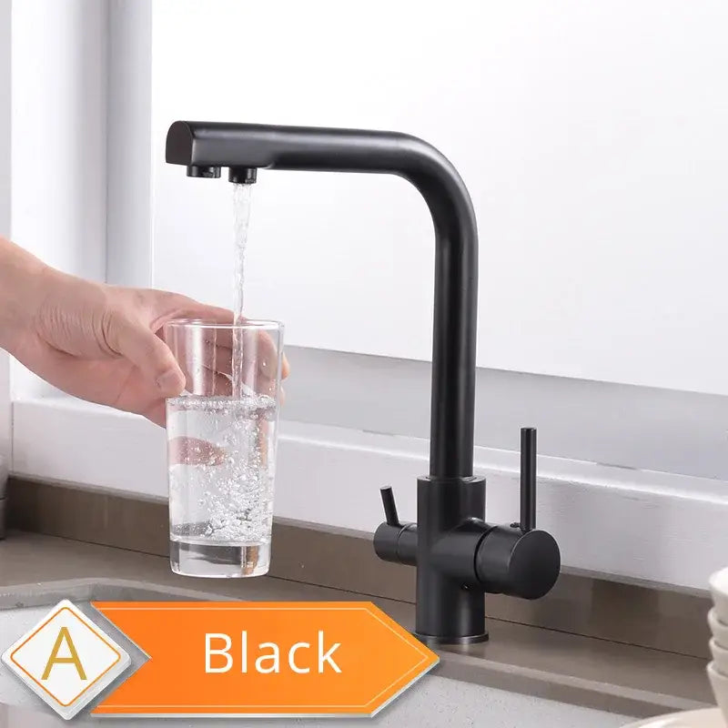 Black matte finish pull out filter kitchen faucet with golden accents and water filter for modern kitchen use