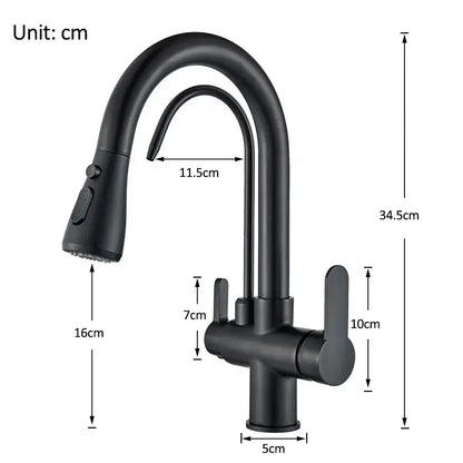 Black matte finish kitchen faucet with pull-down spray head and dual handles for water filter kitchen use