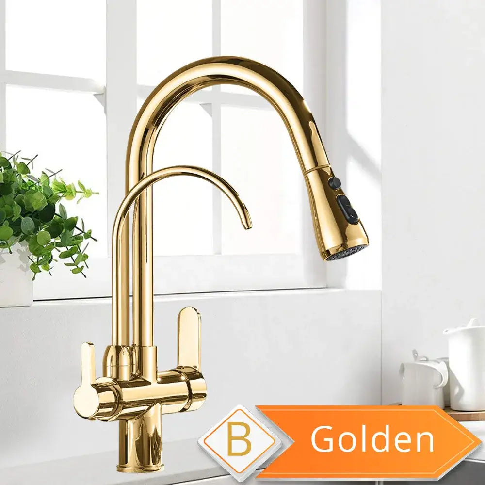 Golden kitchen faucet with sleek curved spout and pull-down spray head in black and golden filter kitchen faucet design