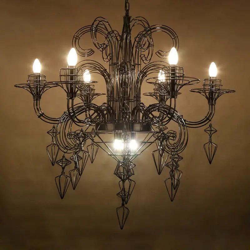 Black iron baroque e14 led chandelier with intricate swirling arms and geometric crystal pendants for elegant decorbites lighting