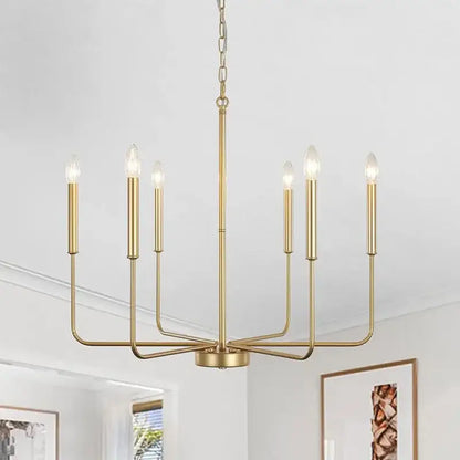 Brass-finished decorbites iron branch chandelier pendant light with six candle-style bulbs in a modern geometric design