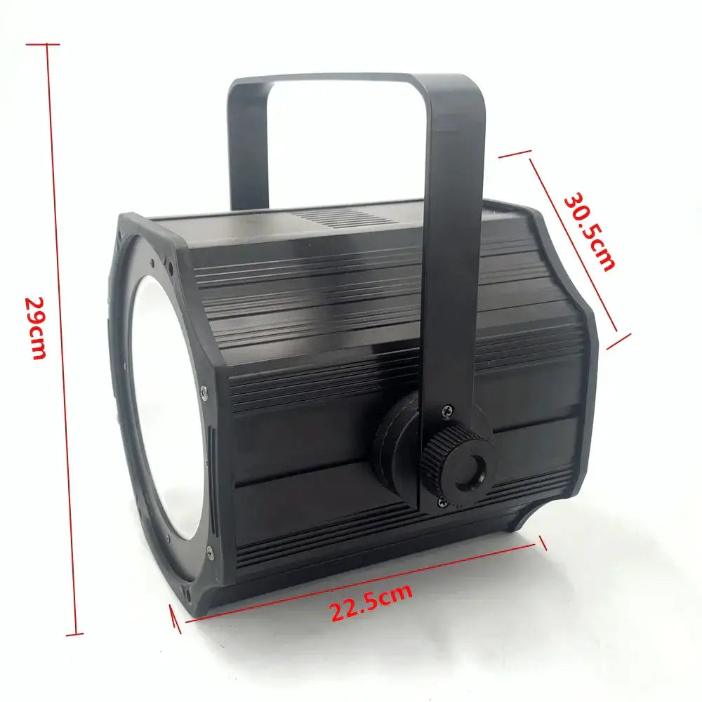 Black led par light with barn doors featuring adjustable focus knob handle and ribbed heat sinks for stage effect lighting