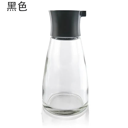 Clear glass 170ml seasoning bottle with black plastic lid and spout for soy sauce kitchen dispenser set