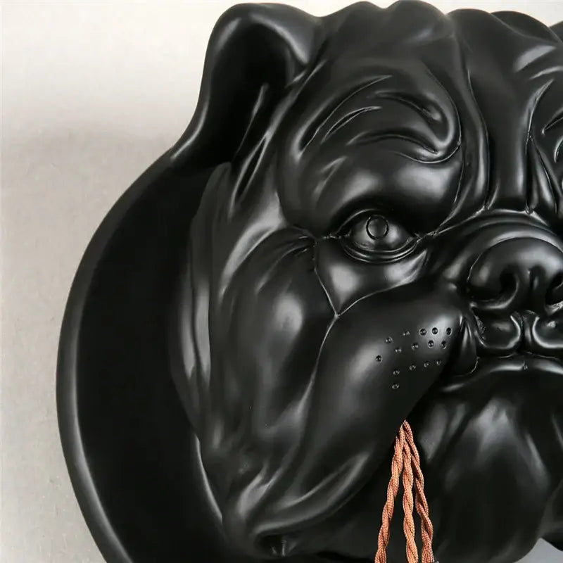Black matte bulldog resin wall lamp with a glossy textured surface and brown rope hanging for living room decorbites bulldog resin